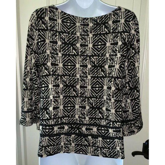 Lucky Brand Hatch Print Top Blouse Women’s Sz MEDIUM Black Ivory Crochet Trim - Picture 7 of 11
